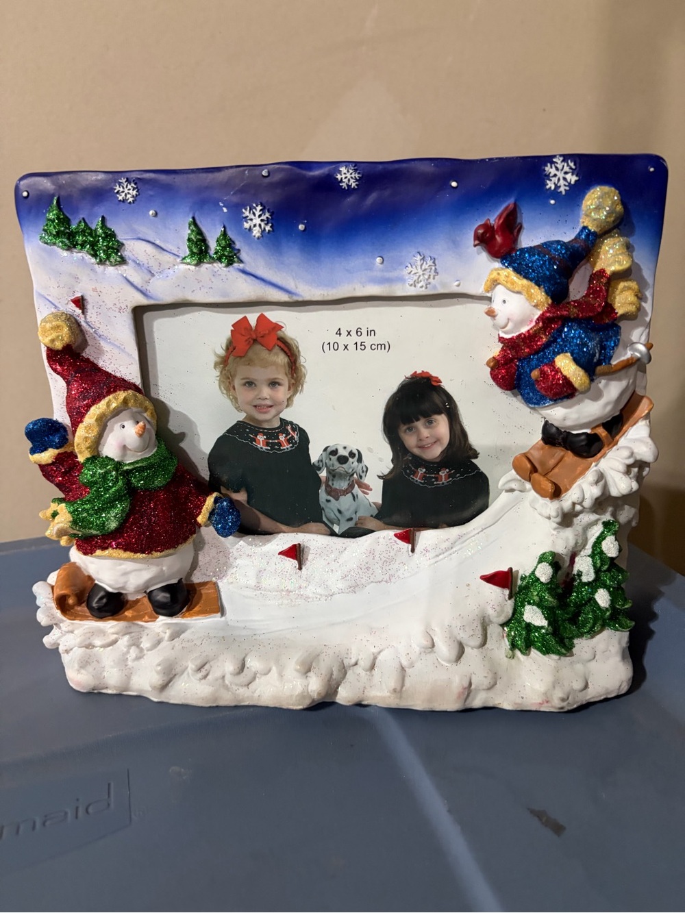 Festive Snowman Skiing 4x6 Picture Frame - White & Blue